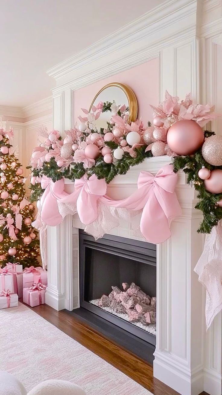 χριστουγεννιάτικη-διακόσμηση-σε-τζάκι-με-ροζ-φιόγκους-και-μπάλες-