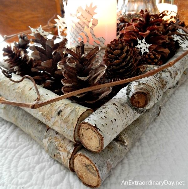 Birch, Pine Cones, and Book Pages :: Birch BranchWinter Woodland Tablescape :: Centerpiece :: AnExtraordinaryDay.net
