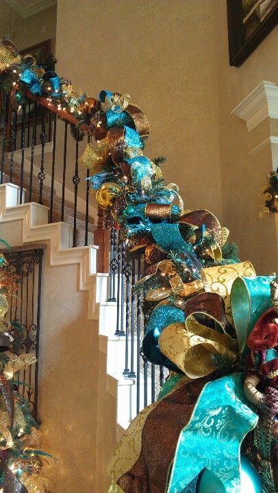 Peacock Christmas stair garland, with silver not gold = perfect!