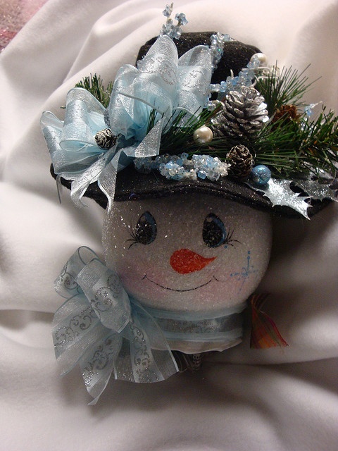 Snowman. Hand painted, hand made felt hat, embellished in silvers and light blue, lighted ivy bowl