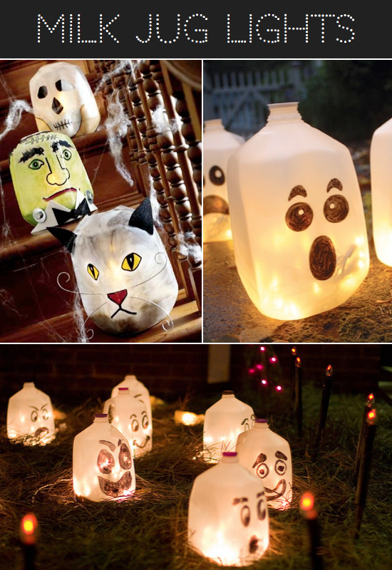 Make Halloween luminaria by filling milk jugs with lights.