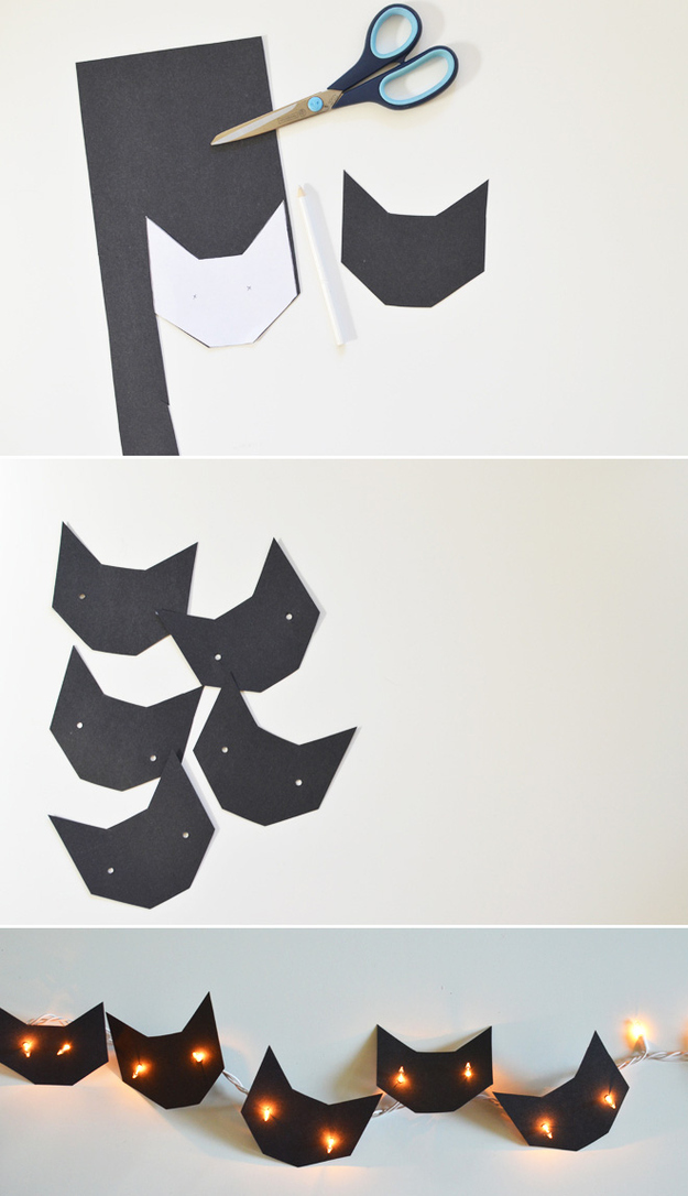 Cut out black cat shapes to make these cute string lights.