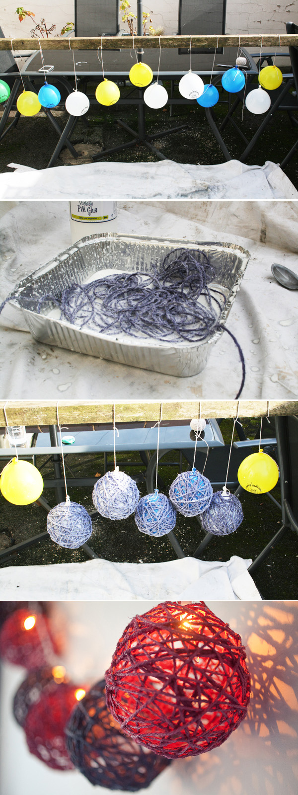 Create colorful twine balls to encase the lights.