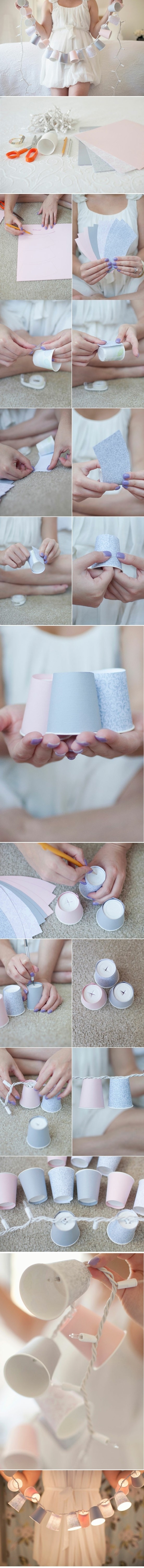 Cover dixie cups with fancy paper to make small shades for string lights.