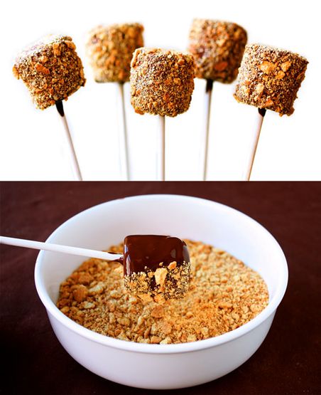So simple but clever - S’mores Pops. Marshmallows on a stick, dipped in melted chocolate and rolled in crusehd grahams!