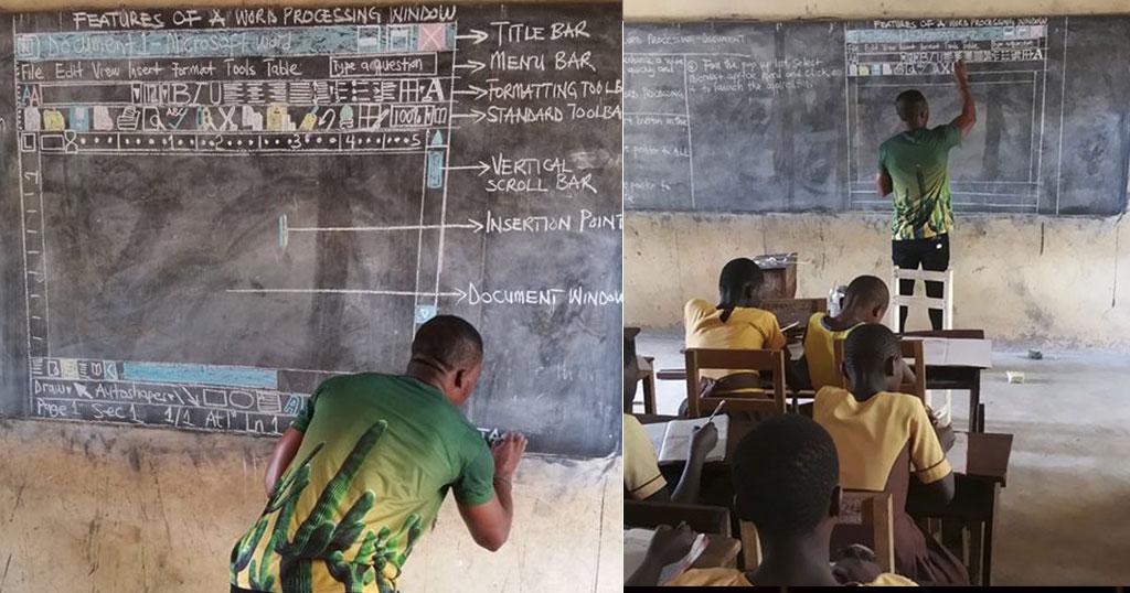 Δάσκαλος στην Γκάνα ζωγραφίζει το word στον μαυροπίνακα για να το αντιγράψουν και να το μάθουν οι μαθητές του.