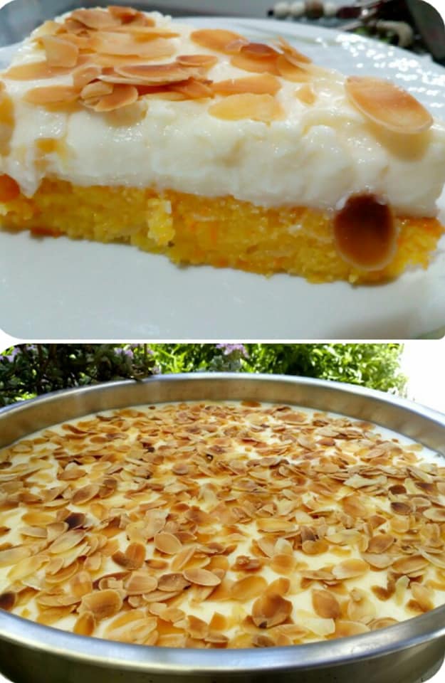 πορτοκαλοπιτα με αφρατο σιποπιασμενο παντεσπανι και κρεμα