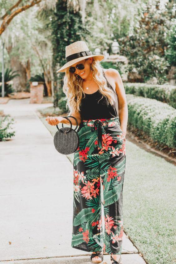 φλοράλ παντελόνα με φοίνικες και ροζ λουλούδια