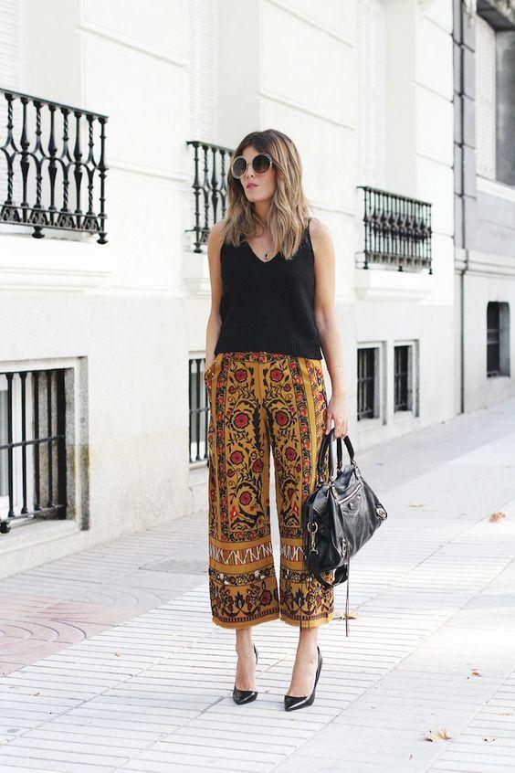 κίτρινη boho παντελόνα με κόκκινα σχέδια