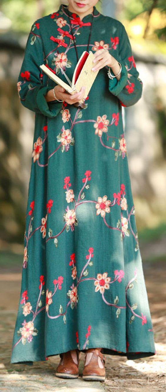 Kaftan dress σε πράσινο χρώμα με λουλούδια και φιογκάκια 