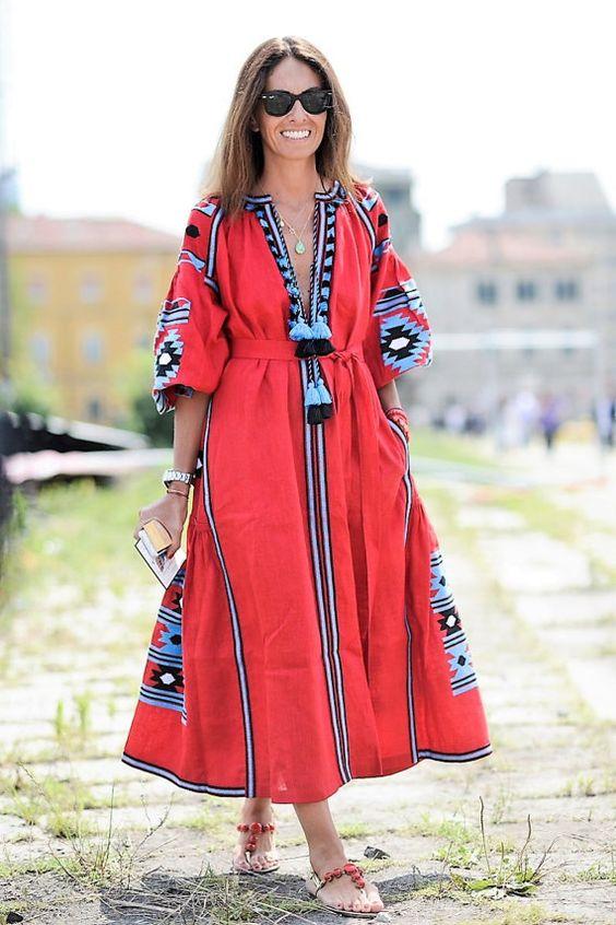 Κοραλλί kaftan dress με θαλασσί σχέδια 
