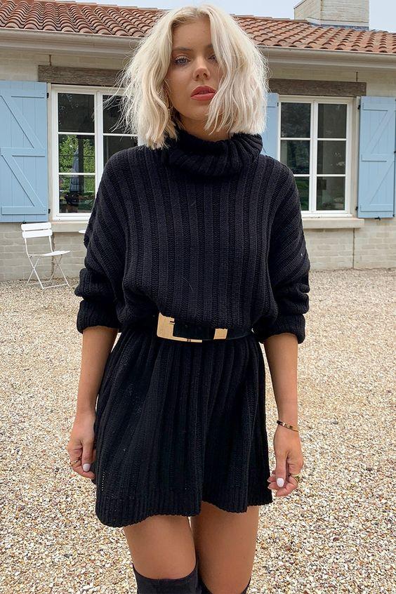 Τα πιο trendy φορέματα για το Φθινόπωρο: μαύρο πλεκτό μίνι φόρεμα με μακριά μανίκια