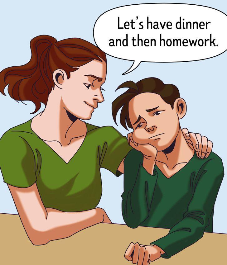 μαμά φτιάχνει το πρόγραμμα του παιδιού για να κάνει τα μαθήματά του στο σπίτι 