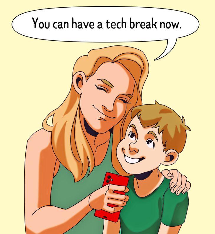 μαμά δίνει το κινητό στο παιδί σαν επιβράβευση 