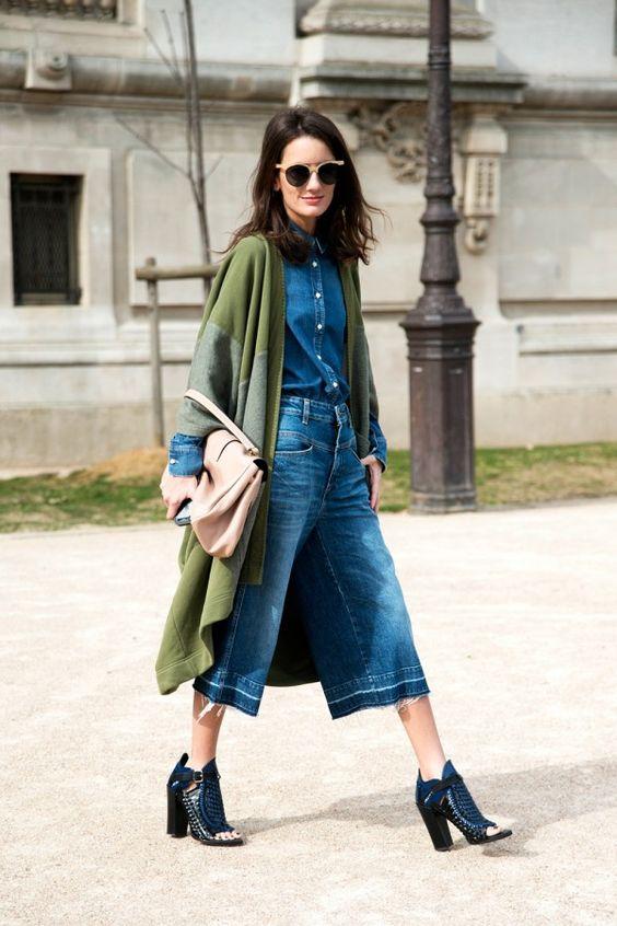 Ζιπ Κιλότ Denim culottes jean με jean πουκάμισο και χακί πανωφόρι Ζιπ Κιλότ Denim culottes jean με jean πουκάμισο και χακί πανωφόρι