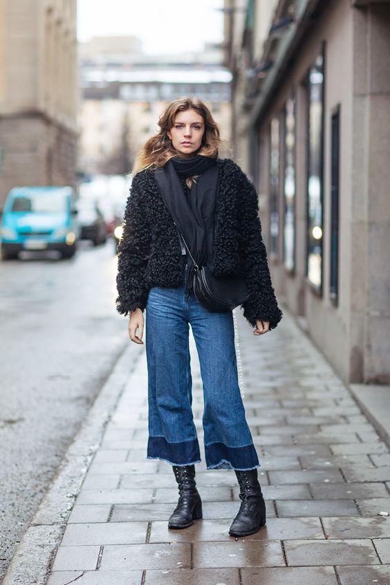 Ζιπ Κιλότ Denim culottes jean με μαύρο χνουδωτό πανωφόρι Ζιπ Κιλότ Denim culottes jean με μαύρο χνουδωτό πανωφόρι