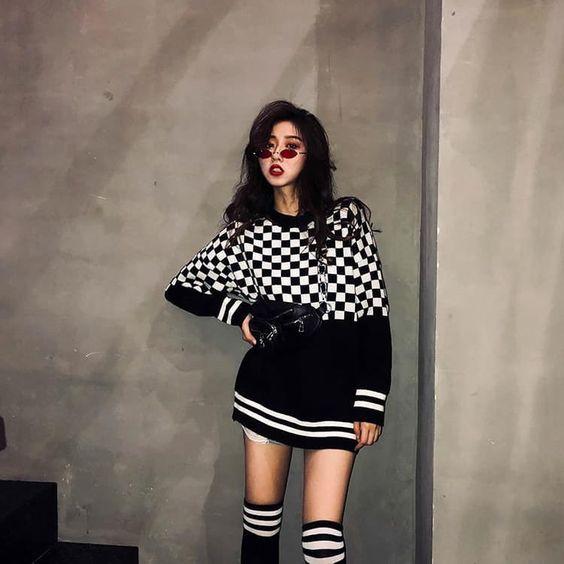 μίνι_φόρεμα_με_καρό σκακιέρα σχέδιο_και_λευκες γραμμές_