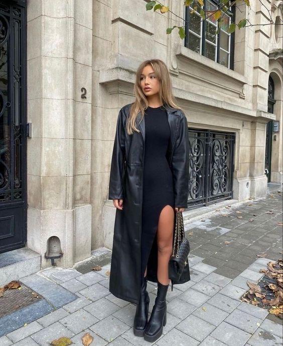 μαύρο-φόρεμα-με-μαύρο-μακρύ-δερμάτινο παλτό-ιδέες- μαύρο-φόρεμα-με-μαύρο-μακρύ-δερμάτινο παλτό-ιδέες-