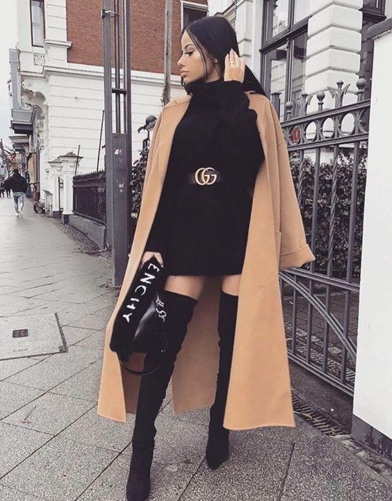μαύρο-μίνι φόρεμα-με-μαύρες-over the knee-μπότες-με-μπεζ-καπαρντίνα-ιδέες- μαύρο-μίνι φόρεμα-με-μαύρες-over the knee-μπότες-με-μπεζ-καπαρντίνα-ιδέες-
