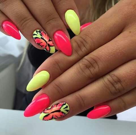φούξια-και-κίτρινα-νύχια-με-πεταλούδες-ιδέες-