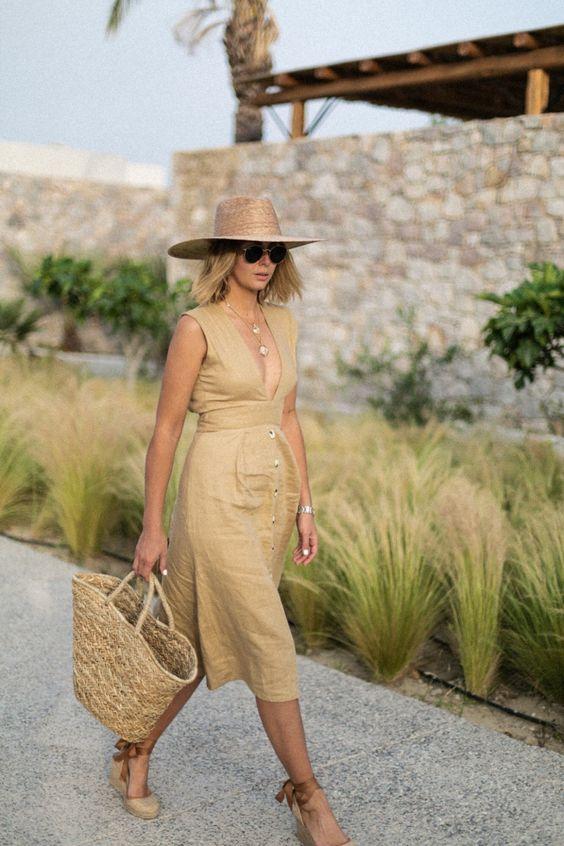 μπεζ-λινό-φόρεμα-για-το-Καλοκαίρι 2022-ιδέες-