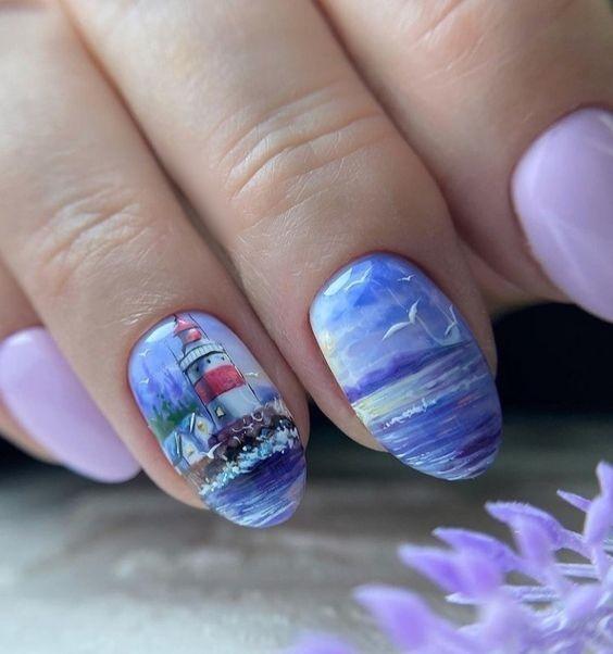 λιλά-νύχια-με-φάρο-και-θάλασσα-ιδέες-