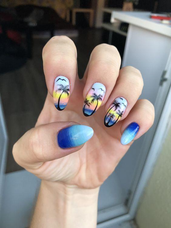όμπρε νύχια-με-φοίνικες-και-ηλιοβασίλεμα-ιδέες-