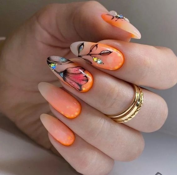 πορτοκαλί-φλοράλ-νύχια-Σεπτέμβριος 2022-ιδέες-