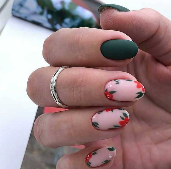 πράσινα-και-φλοράλ-νύχια-σε-ματ-σχέδιο-ιδέες-