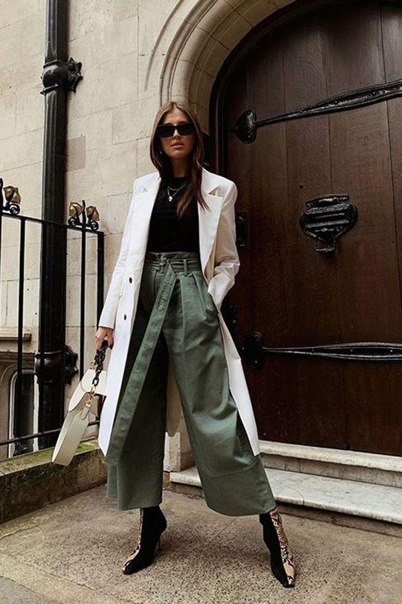 χακί culotte-με-λευκή καπαρντίνα-ιδέες- χακί culotte-με-λευκή καπαρντίνα-ιδέες-