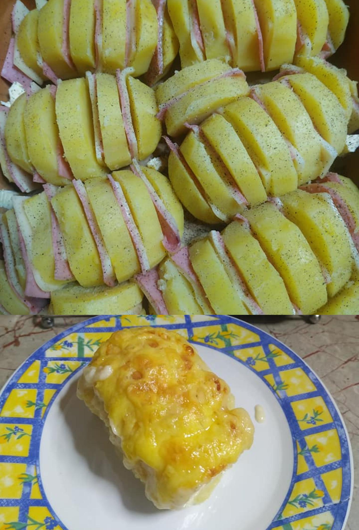 Πατάτες φούρνου γεμιστές με μπεσαμέλ, ζαμπόν και τυριά