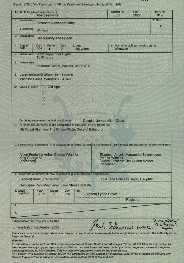 Βασίλισσα Ελισάβετ: Αυτό είναι το πιστοποιητικό θανάτου