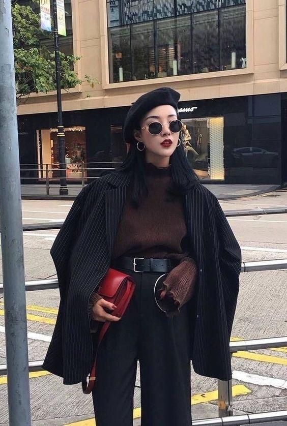 μαύρος μπερές-με-ψηλόμεσο μαύρο παντελόνι-και-μπορντό πουλόβερ-ιδέες-