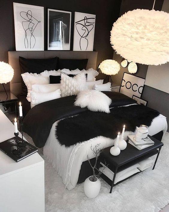 λευκά-και-μαύρα-γούνινα μαξιλάρια-στην-κρεβατοκάμαρα-ιδέες διακόσμησης-