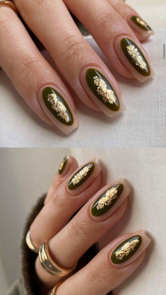 πράσινα νύχια-με-χρυσά φύλλα-ιδέες-