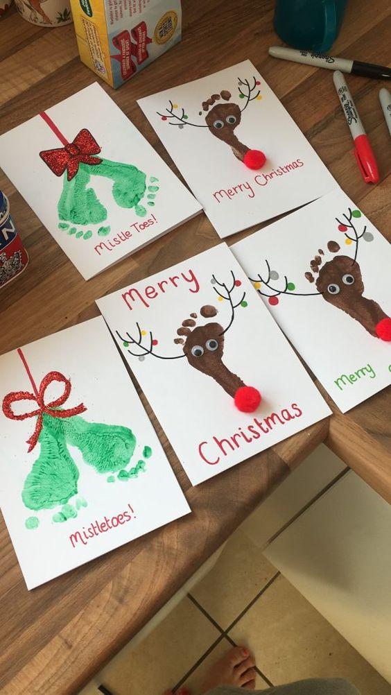 χριστουγεννιάτικες κάρτες-με-τις-πατούσες-του-παιδιού-ιδέες-