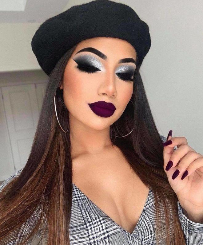 μοβ κραγιόν-με-μαύρο-smokey eye-ιδέες-