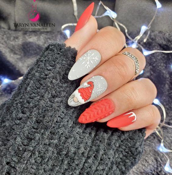 ματ-γκρι-και-κόκκινα-χριστουγεννιάτικα-νύχια-με-τον-Άγιο Βασίλη-ιδέες-