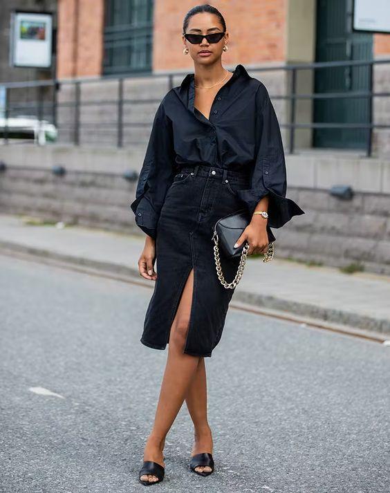 μαύρο πουκάμισο-με-μαύρη-τζιν φούστα-ιδέες-