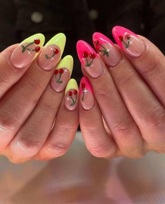 φλούο-γαλλικό μανικιούρ-με-κερασάκια-ιδέες- φλούο-γαλλικό μανικιούρ-με-κερασάκια-ιδέες-