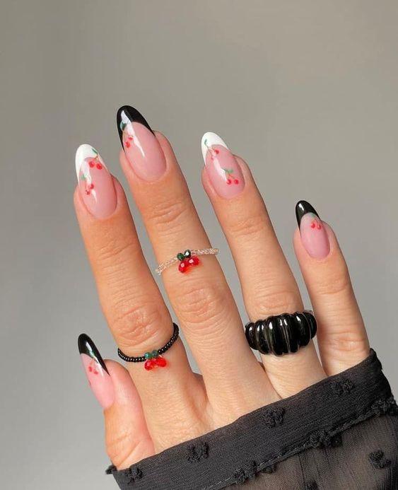 μαύρα-και-λευκά-νύχια-με-κερασάκια-ιδέες- μαύρα-και-λευκά-νύχια-με-κερασάκια-ιδέες-