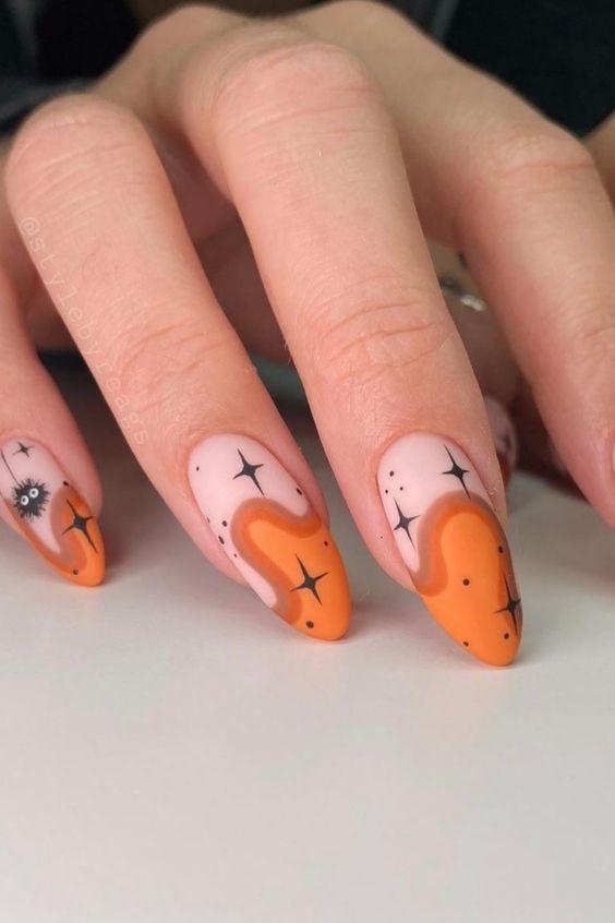 ματ-πορτοκαλί-νύχια-με-αστέρια-ιδέες-