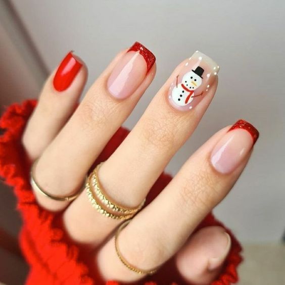 γαλλικό μανικιούρ-σε-κόκκινο-με-χιονάνθρωπο-ιδέες-