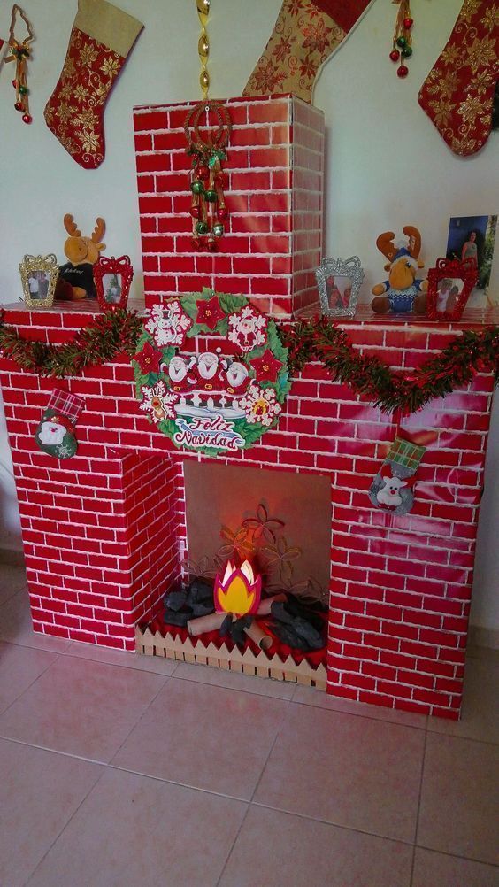 χαρτόνι-με-εφέ-τούβλων-στο-τζάκι από κούτες-ιδέες- χαρτόνι-με-εφέ-τούβλων-στο-τζάκι από κούτες-ιδέες-