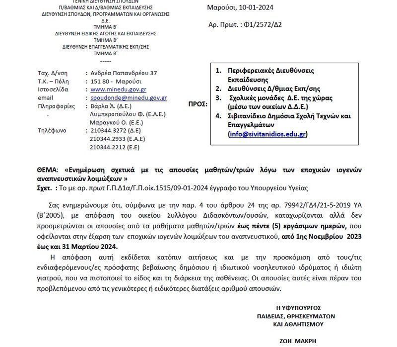 Τι ισχύει για τις απουσίες μαθητών λόγω κορονοϊού, γρίπης, RSV: Η εγκύκλιος του υπ. Παιδείας