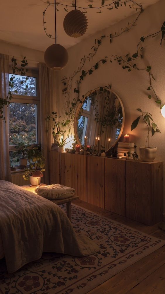 boho-μικρή κρεβατοκάμαρα-με-φυτά-εσωτερικού χώρου-ιδέες-