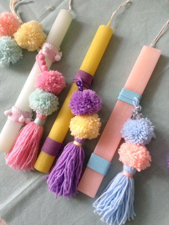 πασχαλινές λαμπάδες-με-πομ πομ-για-εφήβους-ιδέες-