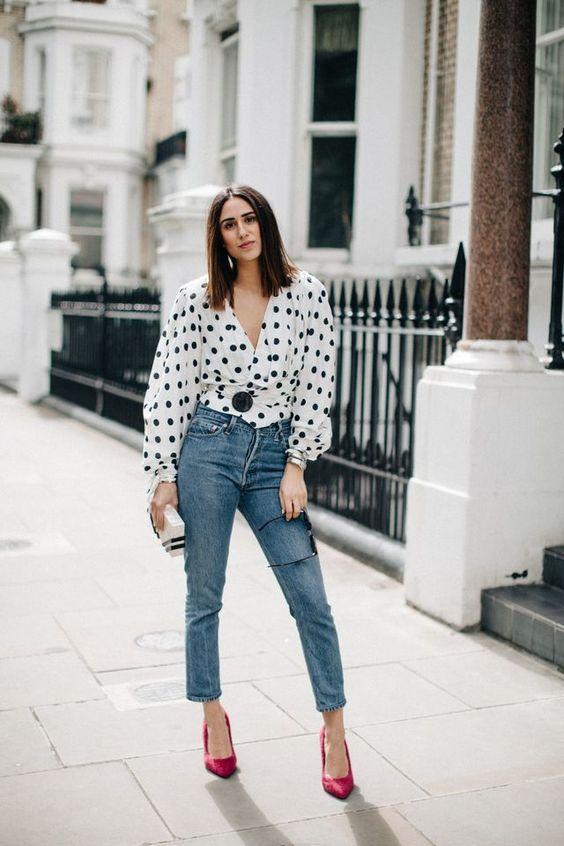 πουά-πουκαμίσα-με-τζιν παντελόνι-ιδέες- πουά-πουκαμίσα-με-τζιν παντελόνι-ιδέες-