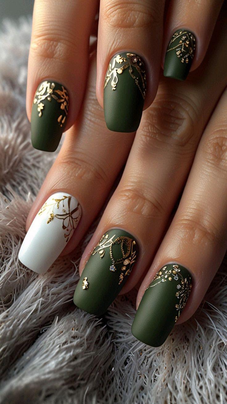 πράσινα-τετράγωνα νύχια-με-χρυσά σχέδια-ιδέες- πράσινα-τετράγωνα νύχια-με-χρυσά σχέδια-ιδέες-