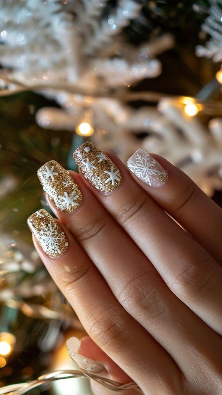 χρυσά-γκλίτερ-και-χιονονιφάδες-στα-γιορτινά νύχια-ιδέες- χρυσά-γκλίτερ-και-χιονονιφάδες-στα-γιορτινά νύχια-ιδέες-